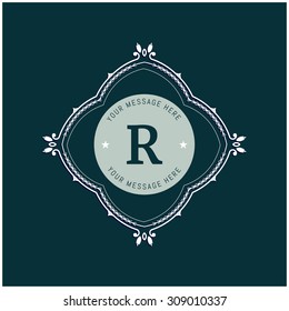 The letter R. Flourishes calligraphic monogram emblem template. Luxury elegant frame ornament line logo design vector illustration. Example designs for Cafe, Hotel, Heraldic, Restaurant, Boutique