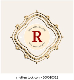 The letter R. Flourishes calligraphic monogram emblem template. Luxury elegant frame ornament line logo design vector illustration. Example designs for Cafe, Hotel, Heraldic, Restaurant, Boutique