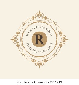 The letter R. Flourishes calligraphic monogram emblem template. Luxury elegant frame ornament line logo design vector illustration. Example designs for Cafe, Hotel, Heraldic, Restaurant, Boutique