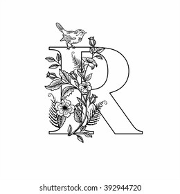 Letter R with flowers and bird, linear figure, vector