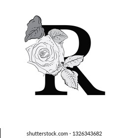 Letter R with flowers. The composition of flowers and letters. Latin letter in monochrome retro style. Stylish decorative composition for a logo, signboard, banner, print.