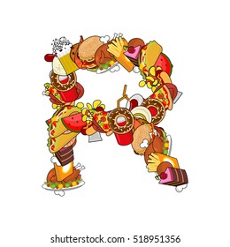 Letter R food. Edible sign alphabet from pizza and hamburger. Feed template elements hornbook. meat concept type as logo. pancetta and taco. Donuts and FAstfood. Hotdog and cookies. Pork and cake