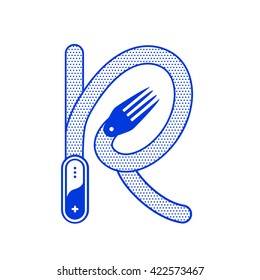 Letter R with fork in minimal outline design. Vector logo illustration for your application or restaurant