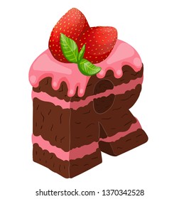 Letter R in the form of a chocolate cake with pink cream, strawberries, mint, tasty letter isolated on a white background, stock vector illustration, for food and decor, print, sticker, 3D