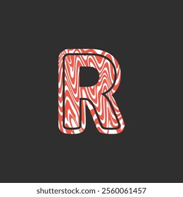 Letter R from fresh raw meat fish. Vector latin meat alphabet. Red meat salmon font for restaurants, butcher shop, farmers market, Salmon fillet marble texture, fish pattern. 