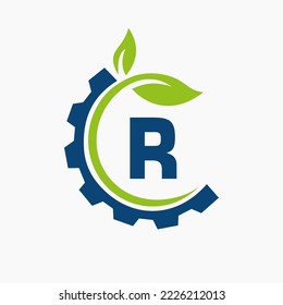 Letter R Gear Leaf Logo Design Vector Template. Leaf And Gear Symbol