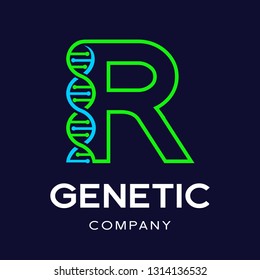 Letter R Genetic DNA vector logo template. Design with chromosome symbol. This logo is suitable for research, science, medical, logotype, technology, lab, molecule, protein, nucleus, spiral.