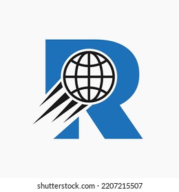 Letter R Global Logo Concept With Moving World Icon. Global Logotype Symbol Vector Template