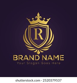 Letter R golden crown logo vector illustration.