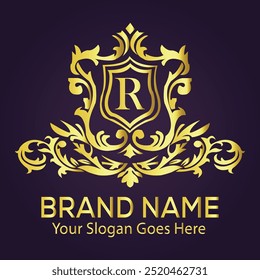 letter R golden crown logo vector illustration.