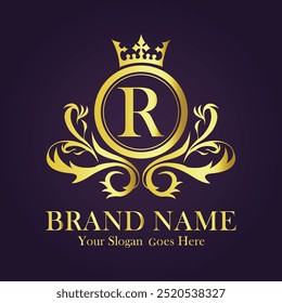 Letter R golden crown logo vector illustration.