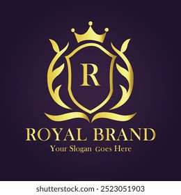 Letter R golden crown logo vector illustration.