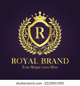 Letter R golden crown logo vector illustration.