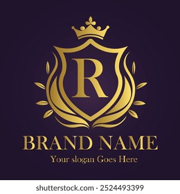 Letter R golden crown logo vector illustration.