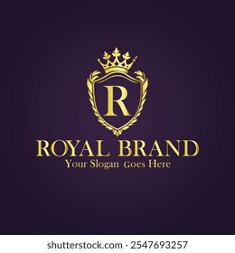 Letter R golden crown logo vector illustration.