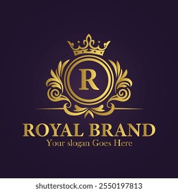 Letter R golden crown logo vector design illustration.