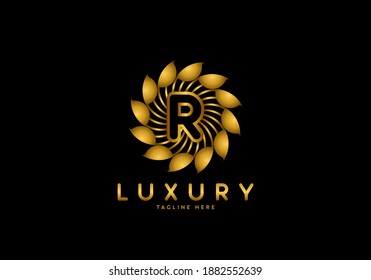 Letter R Golden Flower, Luxury logo template, circle ornament.