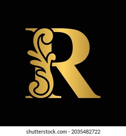 letter R golden flower  ornament. Vector logo. Monogram alphabet. Beautiful floral capital letters
