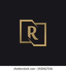 Letter R in golden square. Vector logo