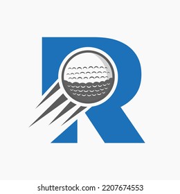 Letter R Golf Logo Concept With Moving Golf Ball Icon. Hockey Sports Logotype Symbol Vector Template