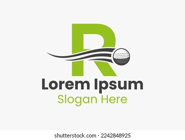 Letter R Golf Logo Concept With Moving Golf Ball Icon. Hockey Sports Logotype Template