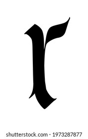 Letter r in the Gothic style. Vector. Alphabet. The symbol is isolated on a golden background. Calligraphy and lettering. Medieval Latin letter. Logo for the company. Monogram. Elegant font for tattoo