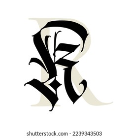 Letter R, in the Gothic style. Vector. Alphabet. The symbol is isolated on a white background. Calligraphy and lettering. Medieval Latin letter. Logo for the company. Monogram. Elegant font for tattoo