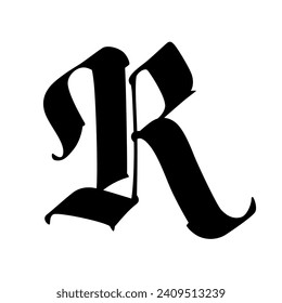 The letter R in the Gothic style. Vector. Old alphabet. The symbol is isolated on a white background. Calligraphic, medieval Latin letter. Logo for the company. Monogram. An elegant font for a tattoo.