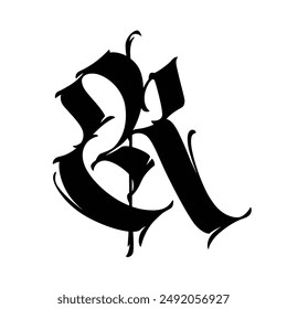 Letter R, in the Gothic style. Vector. Alphabet. Calligraphy and lettering. Medieval Latin letter. Logo for the company. Monogram. Elegant font for tattoo.