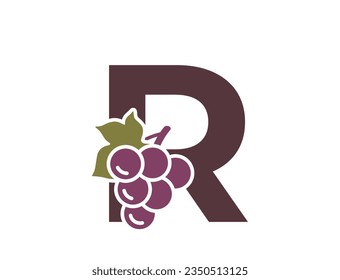 letter r with grapes. fruit alphabet logotype symbol. gardening, harvest and winemaking design. isolated vector image