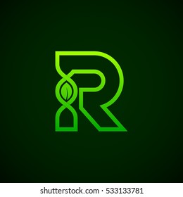 Letter R Green leaf with abstract biotechnology logotype. Medicine, science, laboratory,DNA vector concept