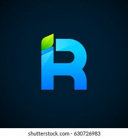Letter R with Green leaf and Blue color, Modern glossy logotype, Vector ecology elements for corporate identity