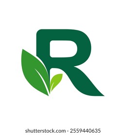 Letter R with green leaf silhouette logo design vector template
