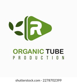 Letter R with Green Play Icon, Video, Media Play for Organic, Nature, Agriculture Media Information Channel Business Logo Idea Template