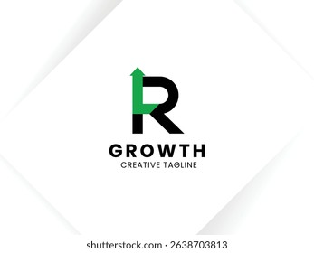 Letter R growth logo design with arrow up symbol and icon. Invest and financial logo