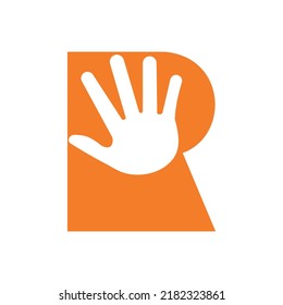 Letter R Hand Logo Concept For Hand Care, Charity Sign and Donation Logo Symbol Vector Template