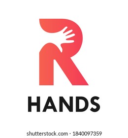 letter r with hands logo template illustration. suitable for partnership, identity, symbol, support, teamwork, web, outline etc