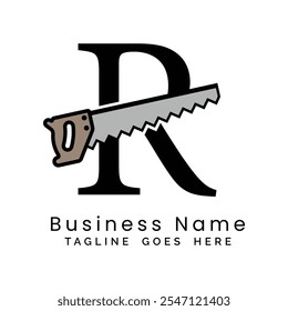 Letter R handsaw logo. Alphabet R woodwork and carpentry icon