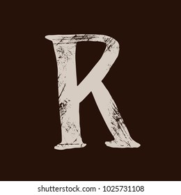 Letter R. Handwritten by dry brush. Rough strokes textured font. Vector illustration. Grunge style elegant alphabet.