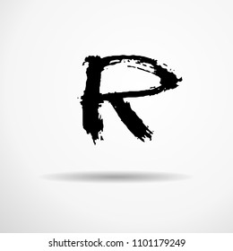 Letter R. Handwritten by dry brush. Rough strokes textured font. Vector illustration. Grunge style alphabet.