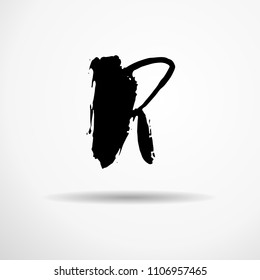 Letter R. Handwritten by dry brush. Rough strokes textured font. Vector illustration. Grunge style alphabet.