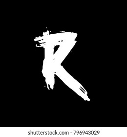Letter R. Handwritten by dry brush. Rough strokes font. Vector illustration. Grunge style elegant alphabet.