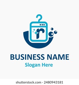 Letra r con colgador, limpieza brillante para lavandería, lavado de tela, servicio seco Logo Design Vector Plantilla Idea