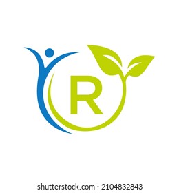 Letter R Health Care Logo Design. Medical Logo Template. Bio, Fitness, Human Health Logo On Letter R Vector Sign