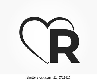 letra r y corazón. carta inicial romántica para el diseño del día de San Valentín. símbolo romántico y de amor. imagen vectorial aislada en estilo simple