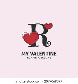 letra R con forma de corazón lindo estilo de doodle para una identidad de amante, marca de regalo de San Valentín y tienda de juguetes de chicas