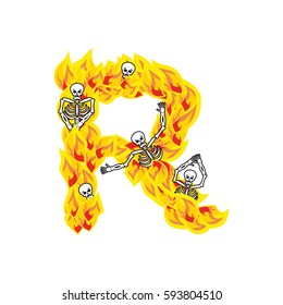 Letter R hellish flames and sinners font. Fiery lettering. Infernal fire alphabet sign. ABC devilish flame of Death Satanic and skeleton
