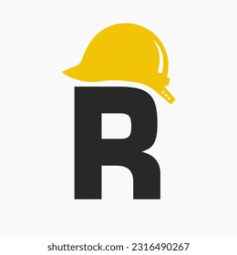 Letter R Helmet Construction Logo Concept With Safety Helmet Icon. Engineering Architect Logotype