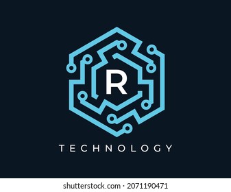 Letter R with Hexagon Technology Logo. Vector logo template