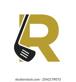 Letra R Hockey Logo. Concepto de logotipo de hockey sobre césped con símbolo de palo de hockey